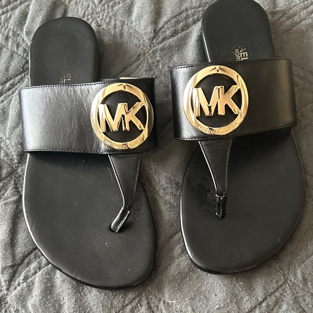 Michael Kors Black Leather Upper Thong Slide Sandals with Gold MK Medallion